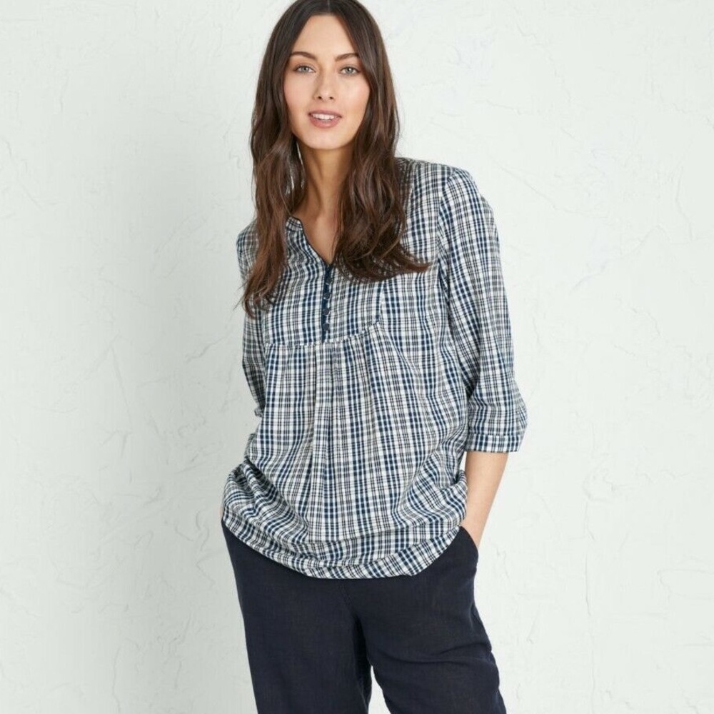 Plaid Peasant Blouse in Navy and White